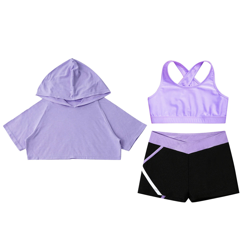 3Pcs Girls Sports Set Vest+Hooded Crop Top+Shorts Sportswear Set for Child Dance Yoga Running Cycling Workout Costume Activewear