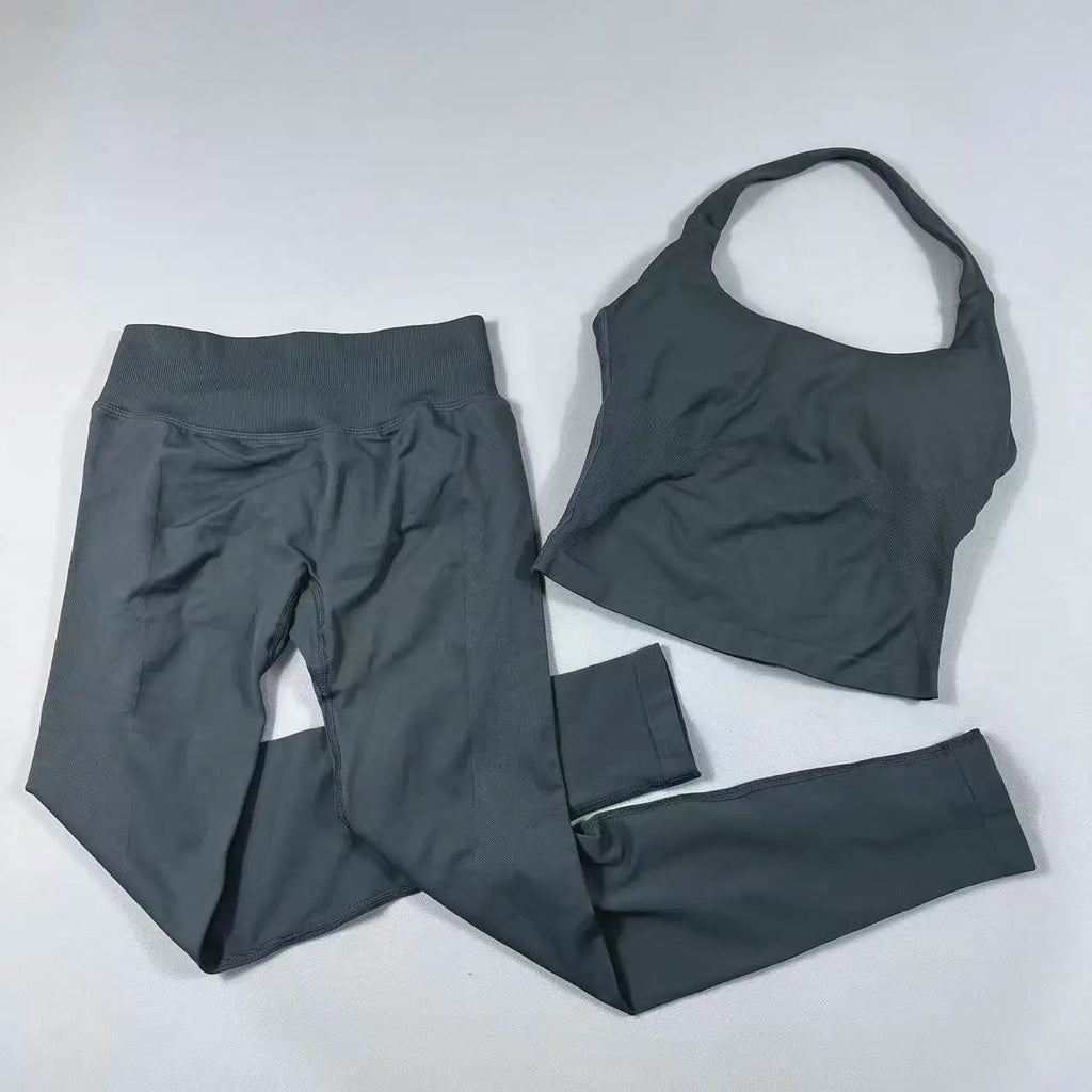 OHNE LOGO Yoga-Outfit Sport-Impact-Gym-Set Neckholder-Oberteil und Leggings-Hosen-Sets Rückenloses Neckholder-Design Hochelastische Sportbekleidung