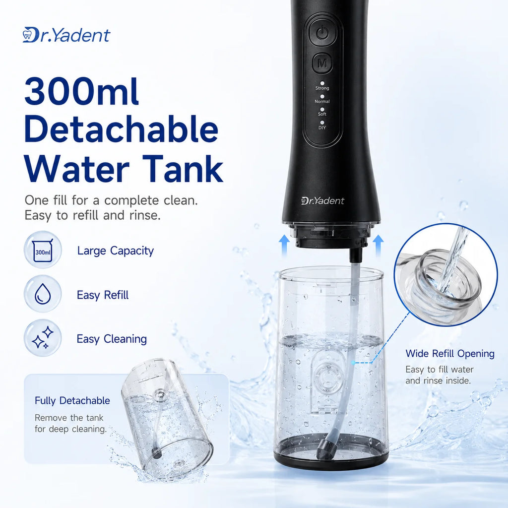 Dr.Yadent YD06 Kabelloser Munddusche Wasserflosser 300ML Tragbarer Wasserstrahl USB-C Schnellladung 7 Düsen 4 Modi IPX7 Wasserdicht