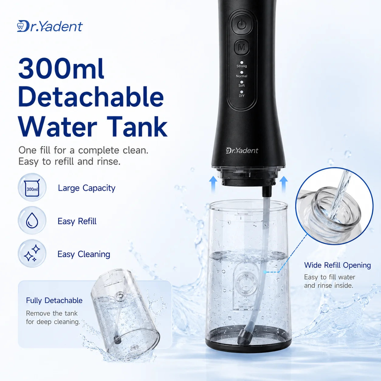 Dr.Yadent YD06 Kabelloser Munddusche Wasserflosser 300ML Tragbarer Wasserstrahl USB-C Schnellladung 7 Düsen 4 Modi IPX7 Wasserdicht