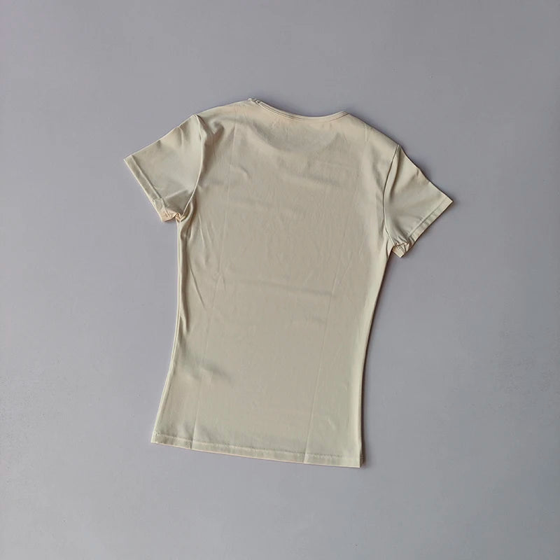 Hautenge, einfarbige Yoga-Kleidung für Damen: Schnelltrocknendes, elastisches, eng anliegendes T-Shirt, Fitness-Oberteil