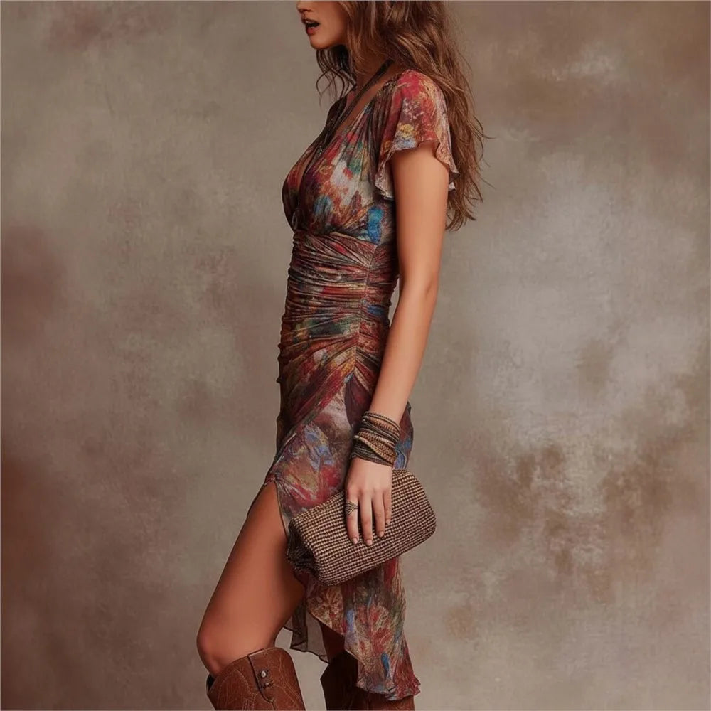 2026 Sexy tief ausgeschnittenes bedrucktes Spitzenkleid für Damen mit kurzen Ärmeln, Sommer, neue Mode, schlankes Rüschen-Abendkleid, kurzes Kleid