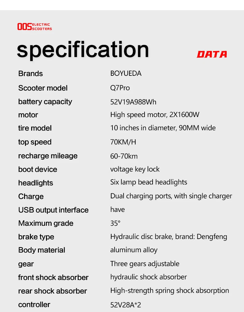 BOYUEDA Q7PRO Elektroroller 3200W Doppelmotor 52V19AH Faltbar 10 Zoll Reifen 70KM/H Höchstgeschwindigkeit 70KM Reichweite mit Sitz