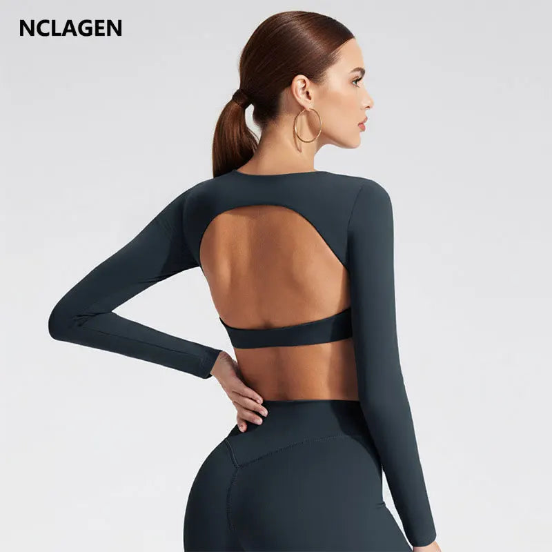 NCLAGEN Sport-Oberteile Gym Damen Fitness T-Shirt Langarm Offener Rücken Pilates Yoga Gepolstertes Crop Top Laufen Workout Fitness Bluse