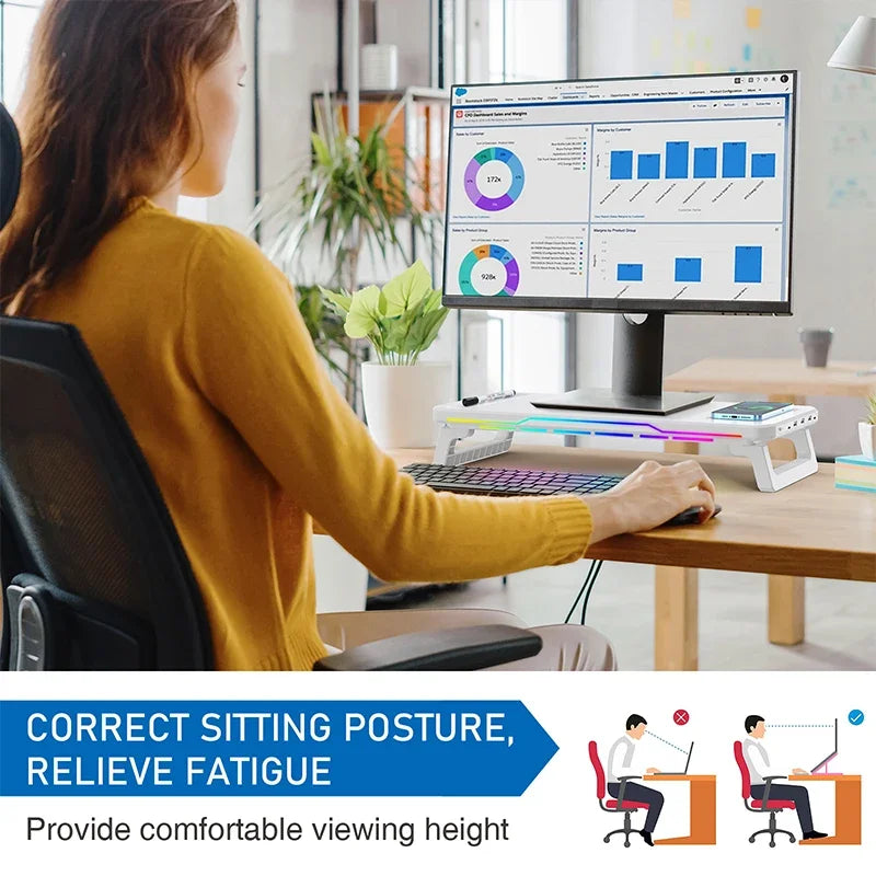 RGB Light Effect Rechargeable Desktop Monitor Height Stand 3 USB 2.0 Port Universal Laptop Storage Rack With Wireless Charging