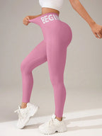 Europäische und amerikanische nahtlose Yoga-Leggings mit Bund-Schriftzug, Po-Lifting, schnelltrocknende, atmungsaktive Damen-Tights für den Sport