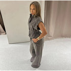 Jeansweste Lockere Lange Hose Damen Set Stehkragen Einreiher Taillierte Oberteile Hohe Taille Hose Schicke Lässige Damen Neue Sets