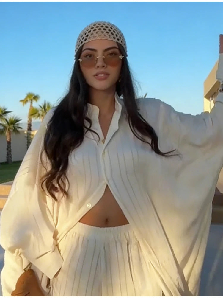 Beiges zweiteiliges Set für Damen, Oversized-Hemd mit Knopfleiste und High-Waist-Hose mit weitem Bein, Y2k Sommer-Urlaubs-Kaftan-Outfit