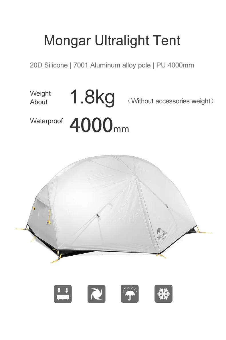 Naturehike Mongar UL 2 Zelt 2 Personen Trekkingzelt 20D Ultraleichtes Reisezelt Wasserdichtes Wanderzelt Überlebenszelt Outdoor Camping Zelt