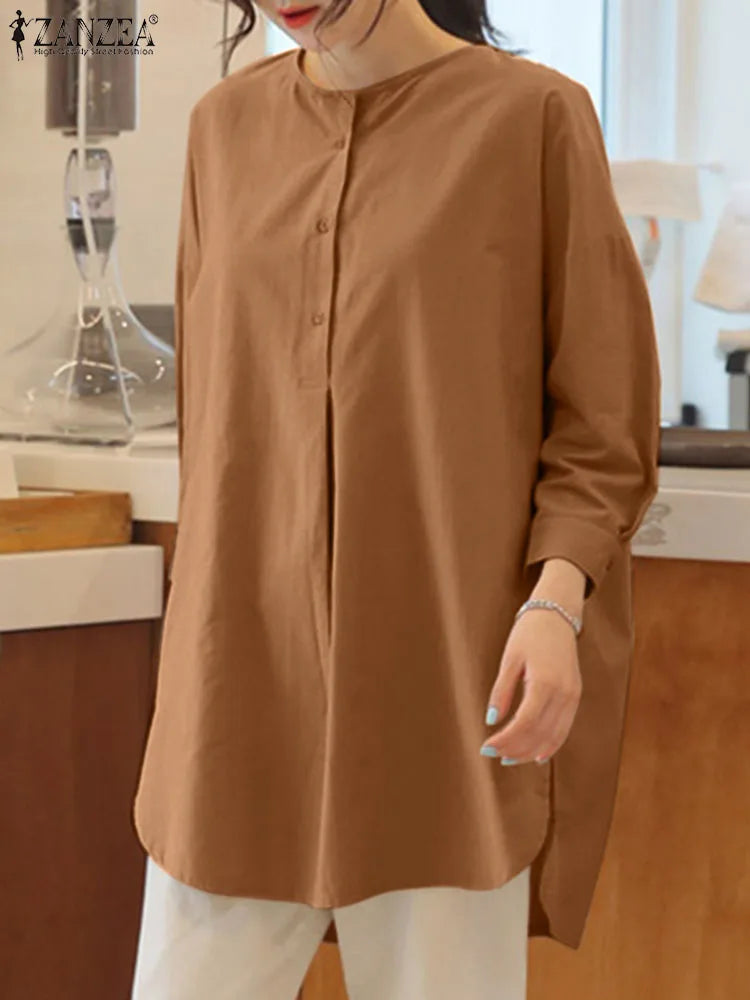 ZANZEA Mode Herbst Langarm Bluse Damen Weites Hemd Elegant Einfarbig OL Arbeitsplatten Lässig Locker Urlaub Arbeit Blusen Damen