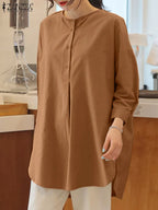 ZANZEA Mode Herbst Langarm Bluse Damen Weites Hemd Elegant Einfarbig OL Arbeitsplatten Lässig Locker Urlaub Arbeit Blusen Damen