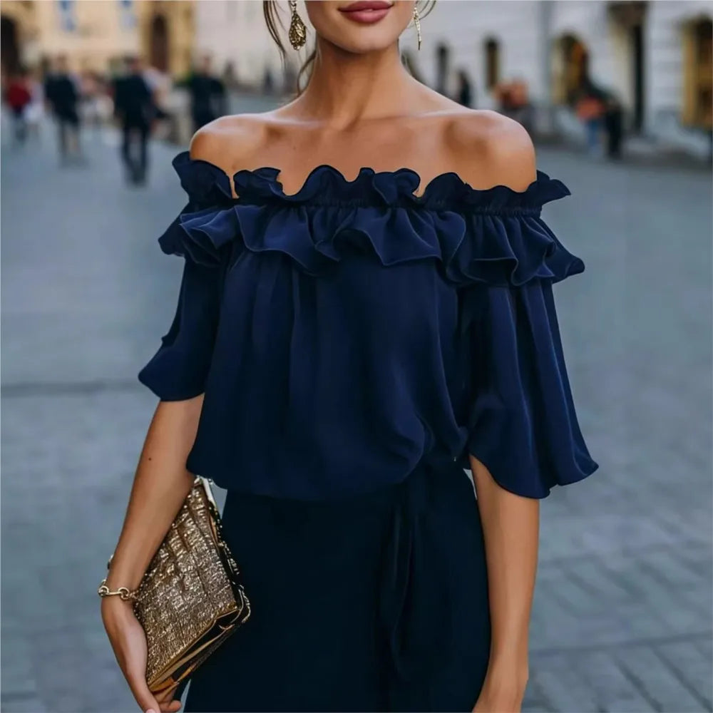 Mode Rüschen Sexy One Shoulder Damen Kurzarmshirt Sommer Neu Lässige Weite Oberteile Weibliche Elegante Vielseitige Bürobluse