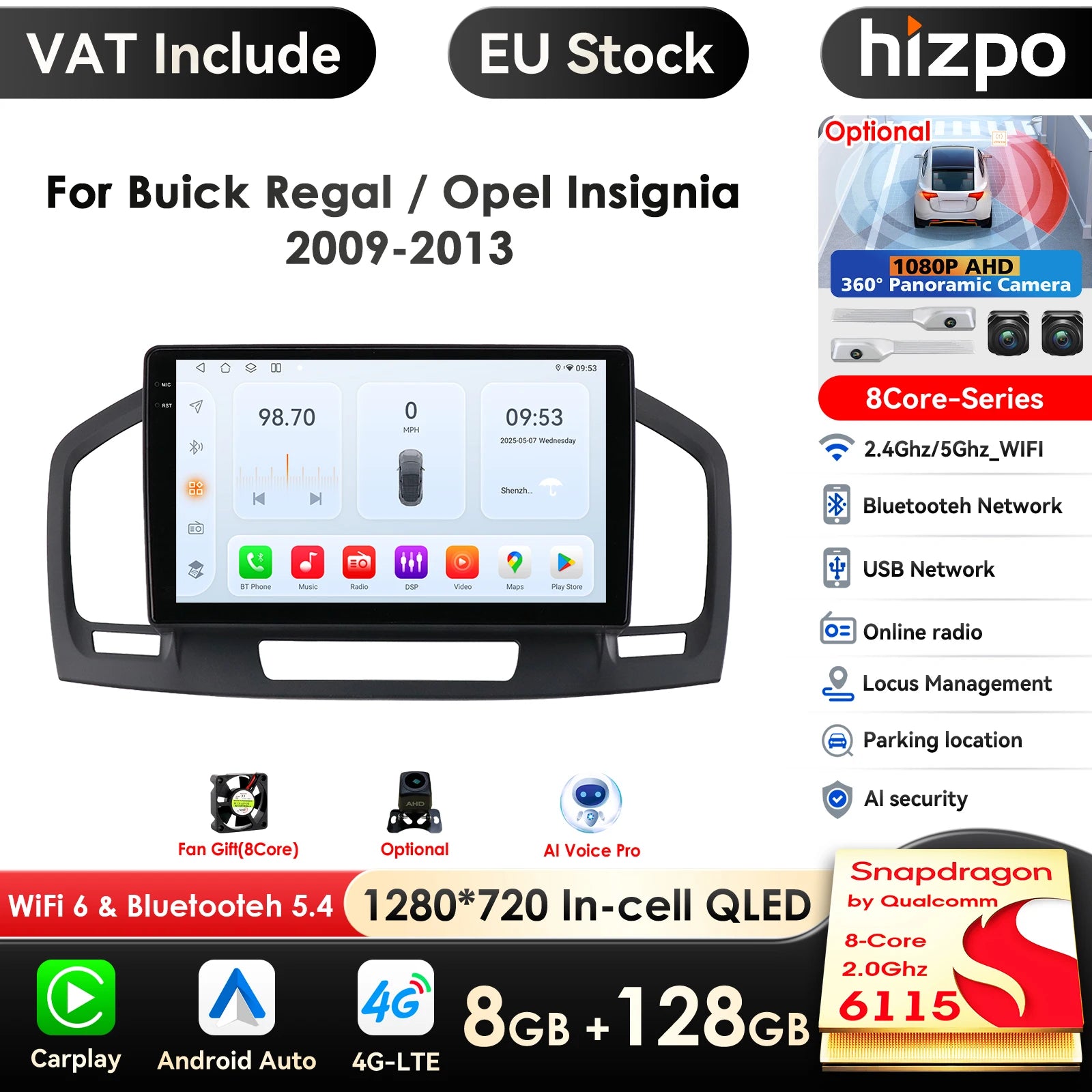 9 Zoll 7862 QLED-Bildschirm 2-Din Android Autoradio Multimedia Video-Player für Buick Regal 1 Opel Insignia GPS Navi Carplay 4G RDS BT