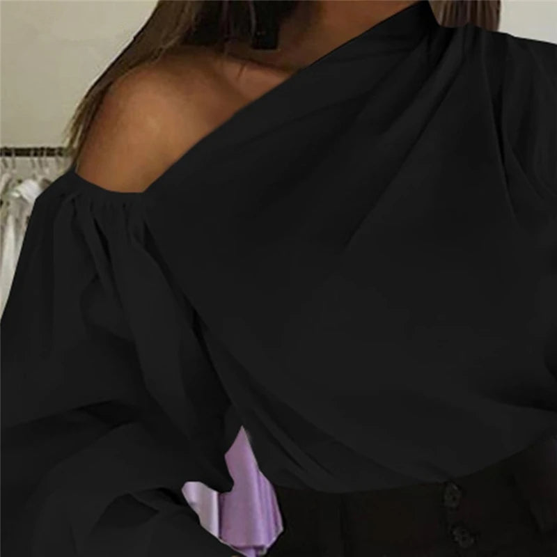 Sexy schulterfreie Damenhemden Sommer Laternenärmel Bluse Casual Loose Solid Tops Lady Elegante Blusen Femme Streetwear Hemd