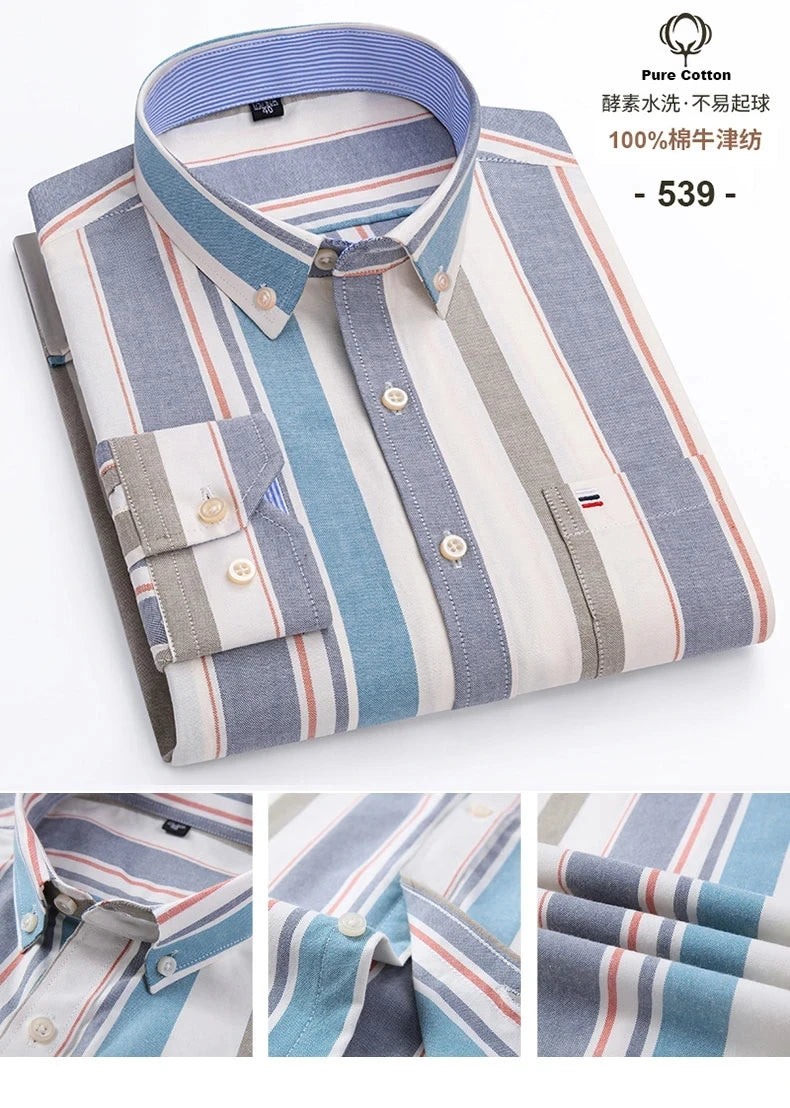 100 % Baumwolle Oxford Herrenhemden Langarm Kariert Weich Regular Fit Festliches Hemd Tasche Sozial Bluse Herrenkleidung S-7XL