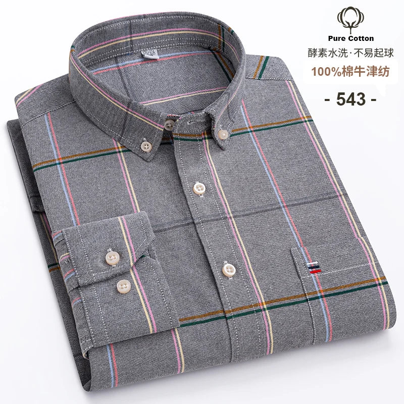100 % Baumwolle Oxford Herrenhemden Langarm Kariert Weich Regular Fit Festliches Hemd Tasche Sozial Bluse Herrenkleidung S-7XL