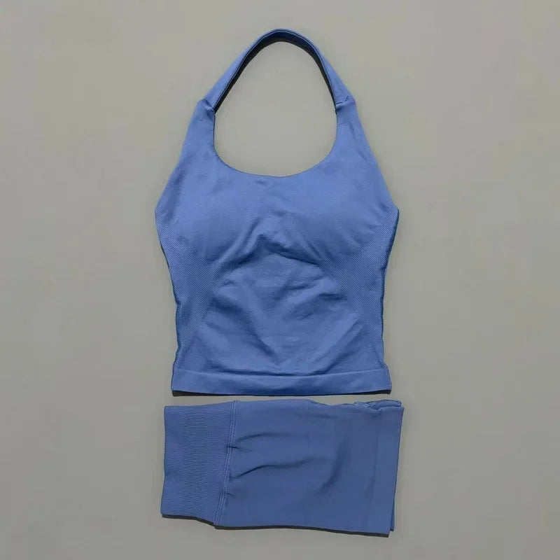 2-teiliges Sportset Damen Rückenloses Tanktop Hohe Taille Scrunch Nahtlose Shorts Fitnesskleidung Activewear Trainingssets Gym Anzug