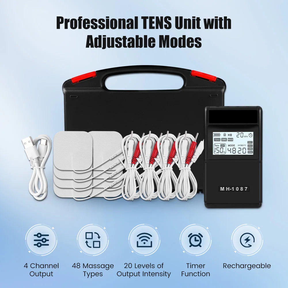 Digital TENS EMS Unit 4-Channel Tens Electrostimulator Rechargeable Muscle Stimulator with 20 Intensity Levels for  Pain Relief