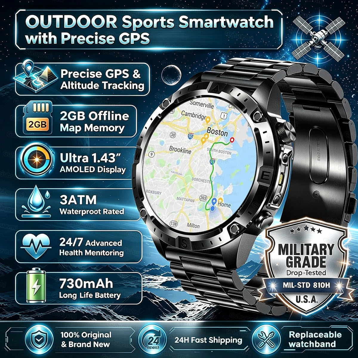 2026New Military T-Rex3 GPS Map Navigation Smart Watch 2GB RAM 1.43-inch AMOLED Screen 30M Waterproof Call Sports Smartwatch Men