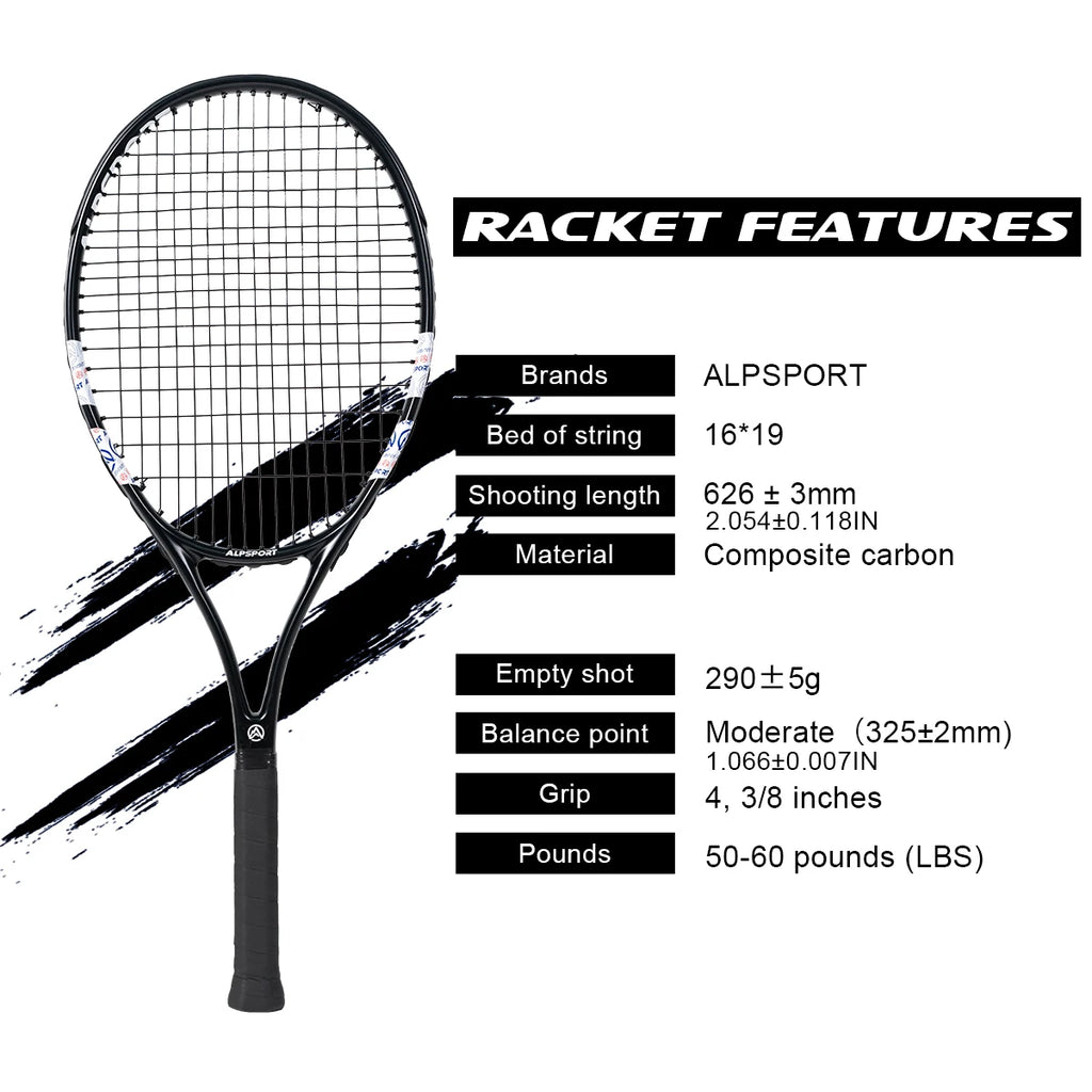 ALPSPORT Carbonfaser Tennisschläger T800 18K – Profi-Qualität mit Tasche & Band, leichter Trainingsschläger für Erwachsene, Herren & Damen