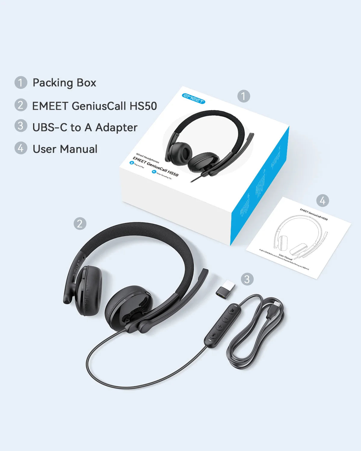 EMEET Kabelgebundenes Headset mit Mikrofon, Callcenter USB-Kopfhörer, ENC-Geräuschunterdrückung, Office-Kabel-Kopfhörer für Telefon/PC-Computer