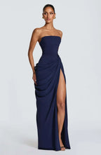 Damen einfarbiges plissiertes, sexy trägerloses Kleid, elegantes schulterfreies, rückenfreies Kleid mit hoher Taille und Schlitz 2026, neues Abendparty-Kleid