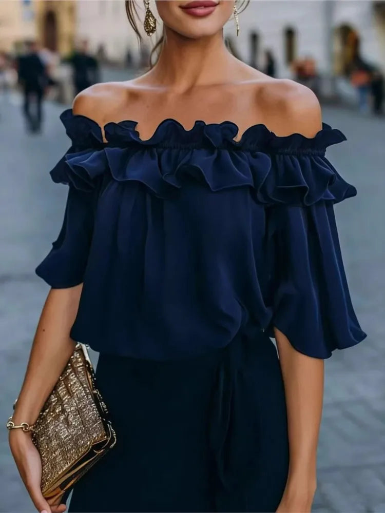 Mode Rüschen Sexy One Shoulder Damen Kurzarmshirt Sommer Neu Lässige Weite Oberteile Weibliche Elegante Vielseitige Bürobluse