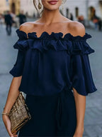 Mode Rüschen Sexy One Shoulder Damen Kurzarmshirt Sommer Neu Lässige Weite Oberteile Weibliche Elegante Vielseitige Bürobluse