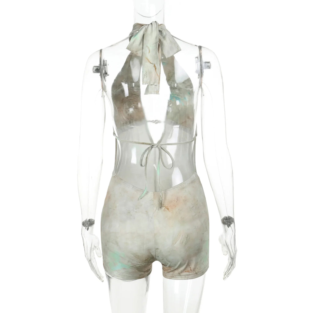 GlamGaze Halter Neck Keyhole Tie Dye Romper For Women Deep V Bodycon Shorts Jumpsuit Party Club Casual Daily Streetwear Outfit