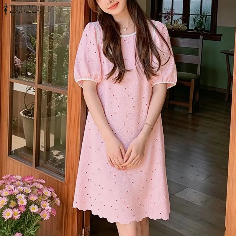 ZANZEA Sommerkleider für Damen, Lochstickerei, O-Ausschnitt, halbe Puffärmel, kontrastfarbene Borte, knielanges Kleid, lässige A-Linien-Roben