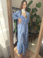 Frühling Sommer Damen Maxikleider Casual Langarm Geblümt O-Ausschnitt Damen Boho Strandparty Langes Kleid Mujer Vestidos