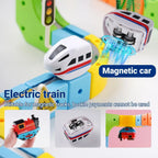 Magnetische elektrische Eisenbahnlokomotive Holzschiene Slot Diecast Eisenbahn mit zwei Waggons Holzzug Kinderspielzeug Biro Schiene