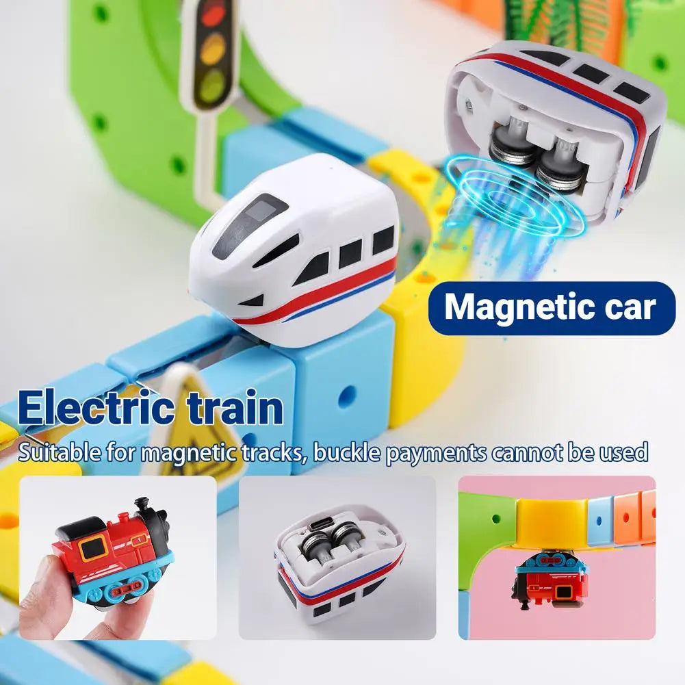 Magnetische elektrische Eisenbahnlokomotive Holzschiene Slot Diecast Eisenbahn mit zwei Waggons Holzzug Kinderspielzeug Biro Schiene