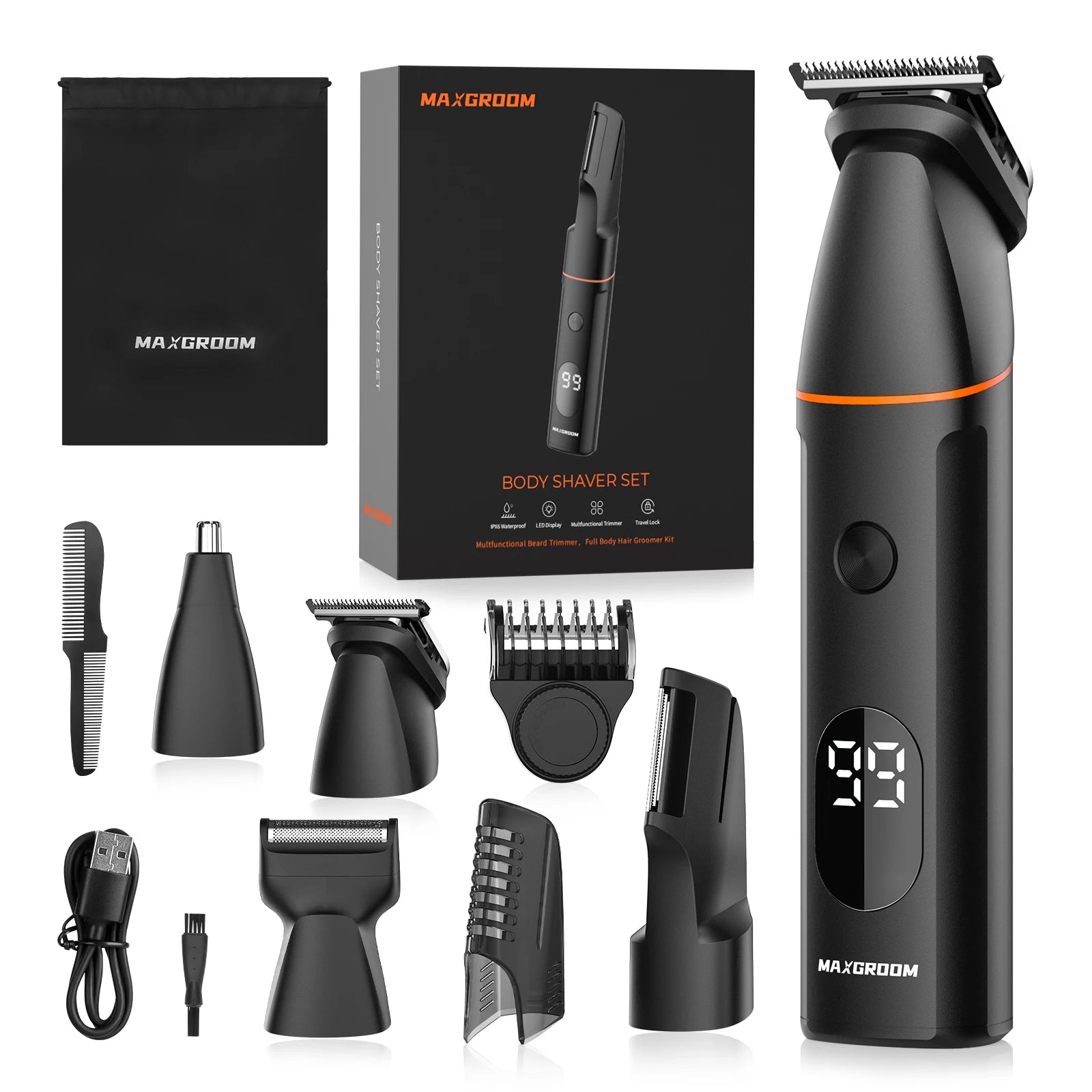 MAXGROOM Manscape Körperhaartrimmer 4 in 1 IPX6 Wasserdicht Intimbereich & Leistengegend Rasierer Elektrisches Pflegeset für Männer Nasen- & Barttrimmer