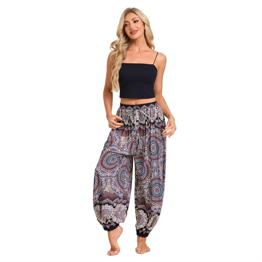 Damen Boho Weite Hosen Haremshose Erwachsene Hohe Taille Yoga Loose Laternenhose Atmungsaktive Strandhose Urlaub Bedruckte Jogger