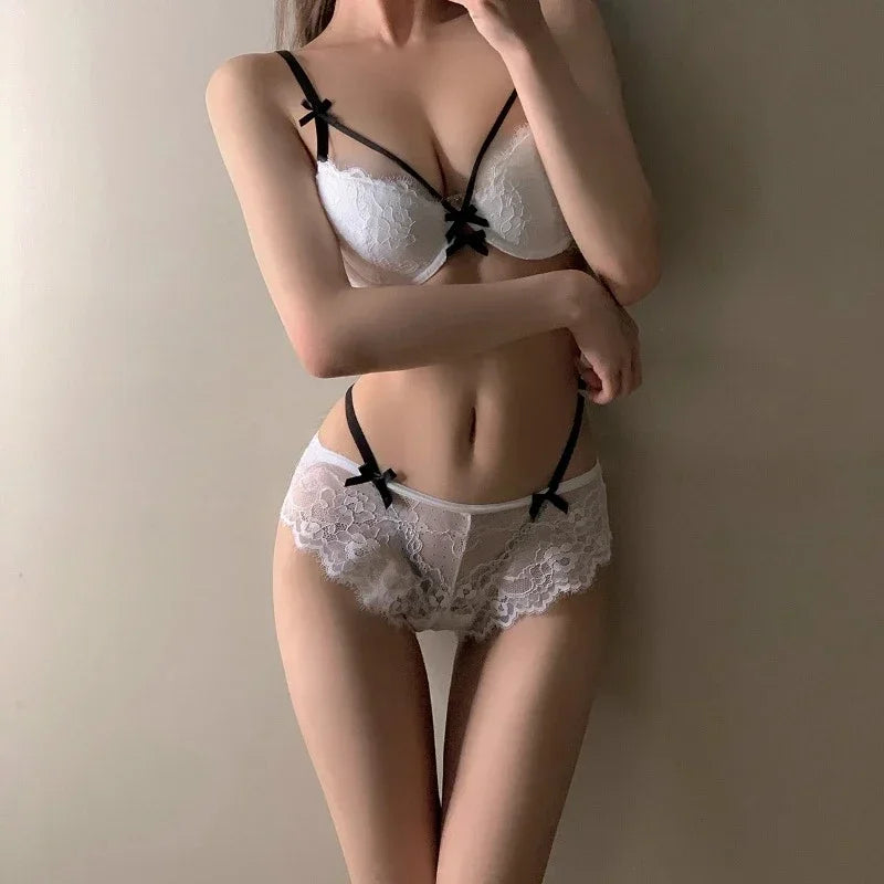 YUQI Verführerisches japanisches Lolita-Dessous-Set Süßer Tee Mousse BH & Höschen Spitze Strumpfhalter Kostenloser Versand Braut Valentinstag