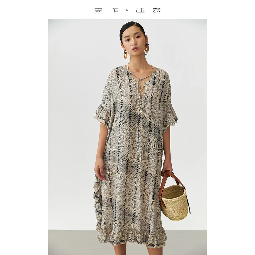 Tierfaserstoff~ Freizeitkleid für Damen, Rüschen-Seidenkleid, Designer Nischen-Seiden-Maxikleid, Neue Damenmode
