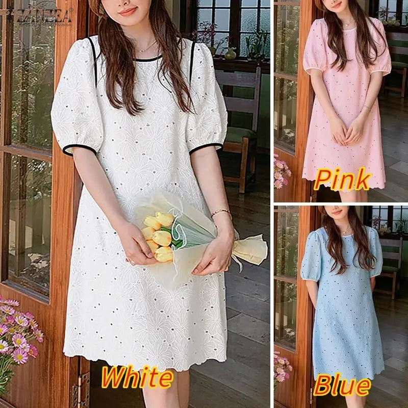 ZANZEA Sommerkleider für Damen, Lochstickerei, O-Ausschnitt, halbe Puffärmel, kontrastfarbene Borte, knielanges Kleid, lässige A-Linien-Roben