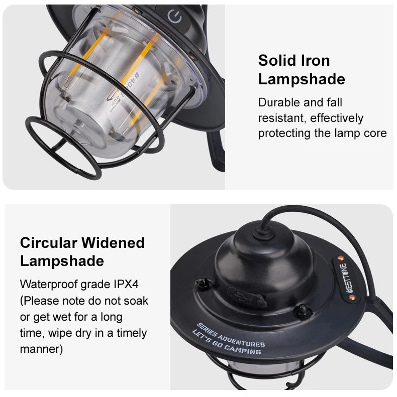 Tragbare Campinglaternen Retro Hängezeltlampe Wasserdichte Dimmbare Campinglampe 1200mAh für Wandern Angeln Notfalllaterne
