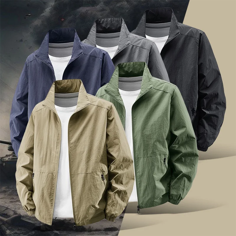 Herren Stehkragenjacke Frühling Atmungsaktiv Leicht Anti-Falten Windjacke Outdoor Sport Freizeit Schnelltrocknende Arbeitsjacken