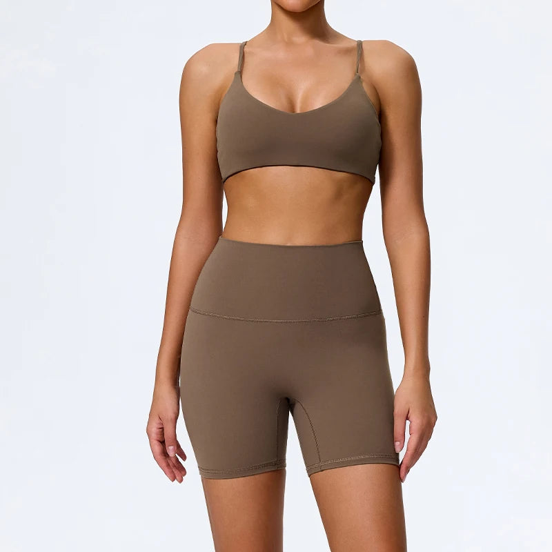 Hearuisavy Sommer Superweiches 2-teiliges Damen-Sportshorts-Set atmungsaktives Fitness-Yoga-BH Freizeit-Push-Up-Workout-Crop-Top