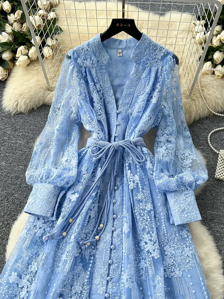 Frühlings-Herbst Französisches High-End Damenkleid Neue Spitze Stickerei V-Ausschnitt Laternenärmel Einreiher Party Geburtstagskleid C192