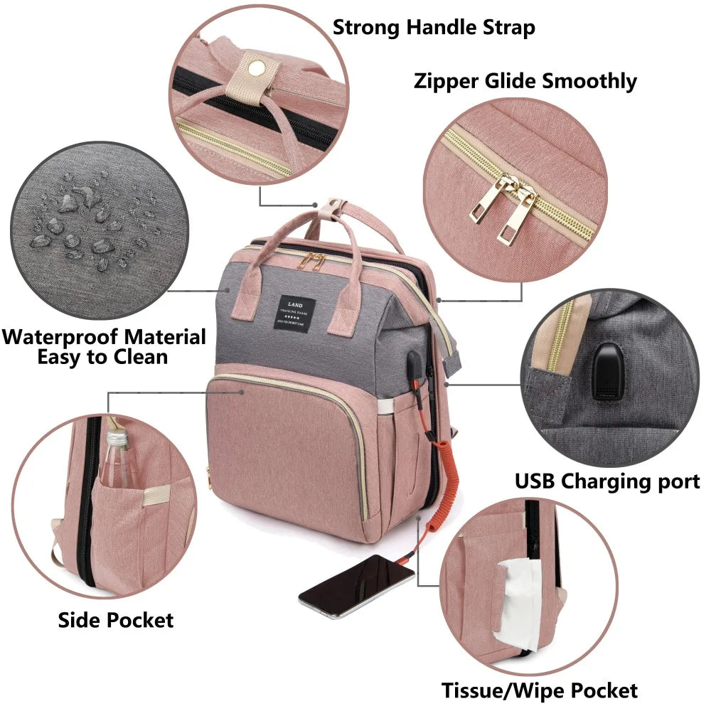 Wickeltasche Leichtgewicht Tragbares Klappbett Großraum-Reise-Maternity-Taschen Baby-Rucksack Weibliche Mama-Ausgehtasche