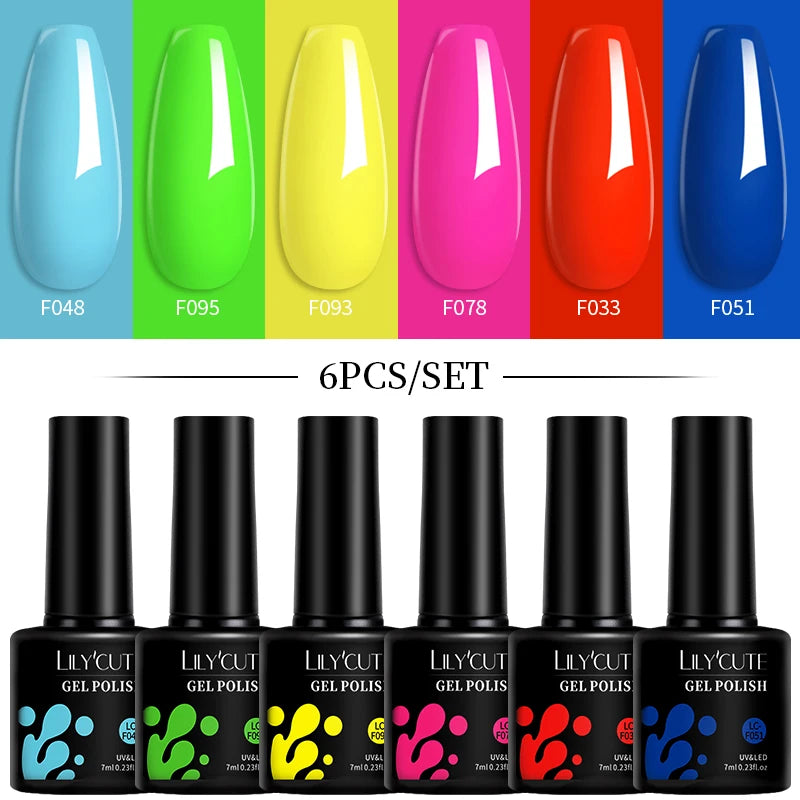 LILYCUTE 7ML 6PCS Neon Gel Nagellack Set fluoreszierend Farbwechsel Semi Permanent Soak Off Maniküre-Kit Nail Art Gel