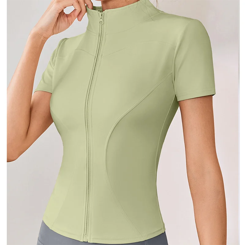 Slim Fit Kurzarm Yoga Shirt Damen Stehkragen Reißverschluss Jacke High End Lauf Sport Fitness Top