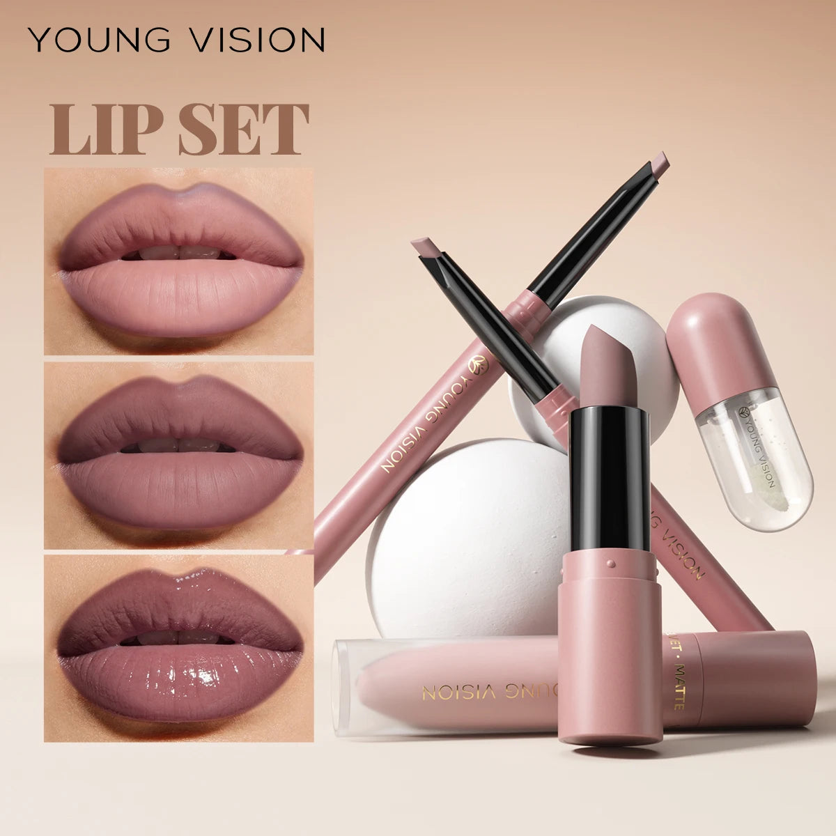 4tlg. Set Langanhaltendes Wasserdichtes Lippen-Make-up-Kit – Weicher, geschmeidiger cremiger Lippenstift & Lipgloss Lip Oil Set Hauptbild