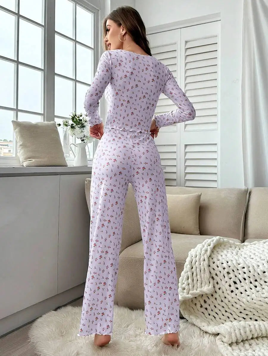 Women's Pajama Set Lace Buttons Trims Sleepwear Slim Long-sleeved Trousers Floral Print Stylish sexy Loungewear Nightwear Pyjama