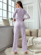 Women's Pajama Set Lace Buttons Trims Sleepwear Slim Long-sleeved Trousers Floral Print Stylish sexy Loungewear Nightwear Pyjama