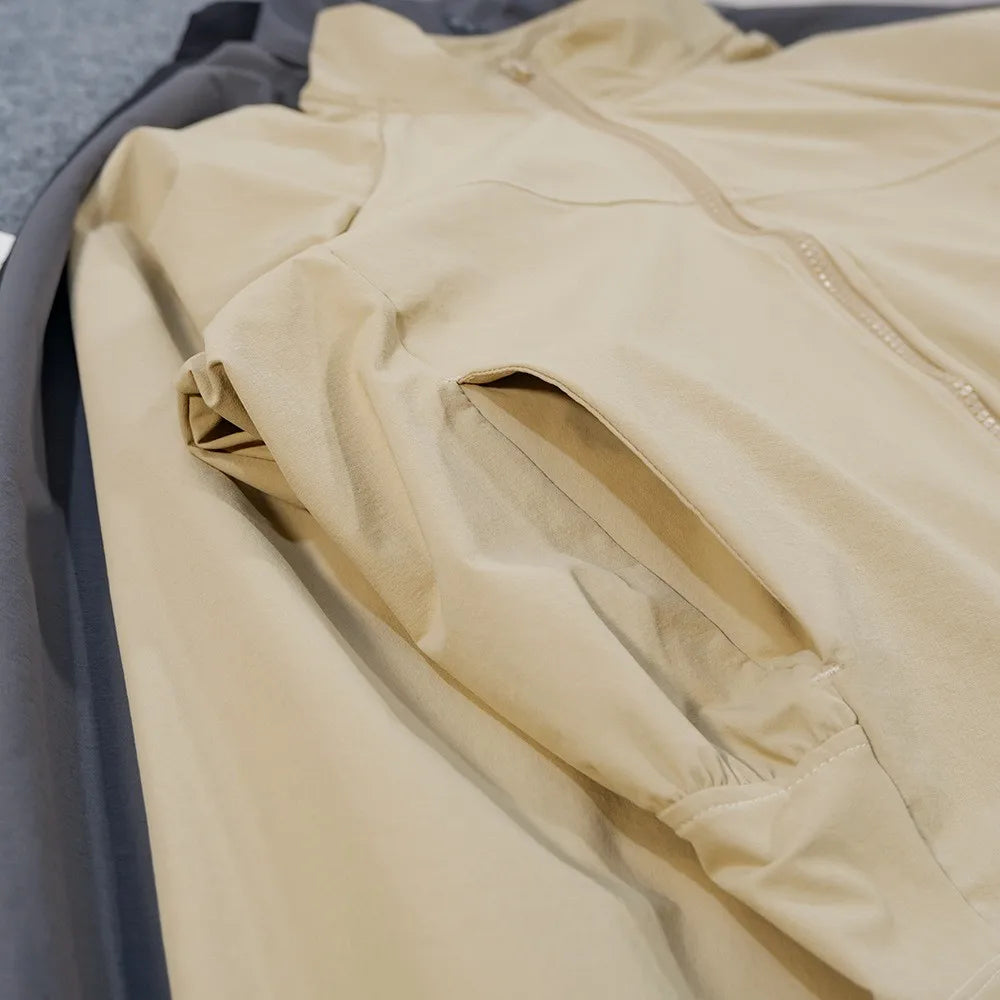Yoga-Kleidung Amerikanischer Stil Sport Winddichte Stehkragen Sonnenschutzjacke Atmungsaktives Oberteil Outdoor Schnelltrocknend Kurzer Reißverschluss Damen