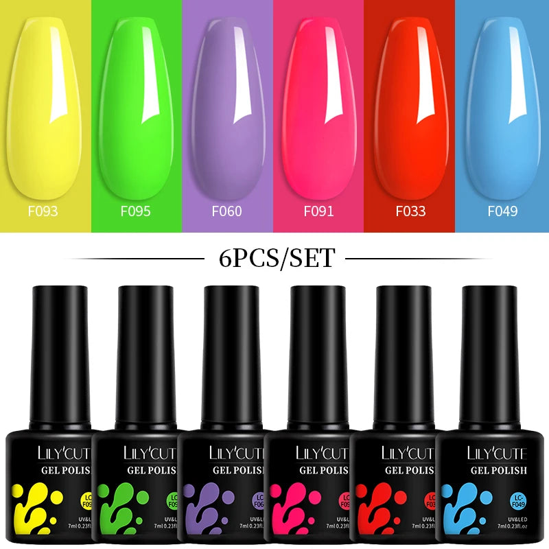 LILYCUTE 7ML 6PCS Neon Gel Nagellack Set fluoreszierend Farbwechsel Semi Permanent Soak Off Maniküre-Kit Nail Art Gel